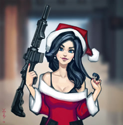 Size: 2969x3000 | Tagged: safe, artist:vombavr, character:rarity, species:human, ar15, bra, christmas, clothing, female, gun, hat, holiday, human coloration, humanized, natural hair color, santa hat, solo, trigger discipline, underwear, weapon