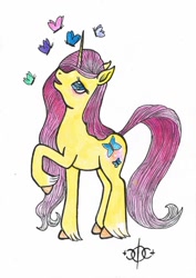 Size: 752x1063 | Tagged: safe, artist:assertiveshypony, character:fluttershy, species:pony, species:unicorn, g5 leak, leak, butterfly, drawing, fluttershy (g5), looking up, race swap, simple background, white background