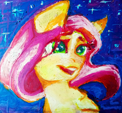 Size: 1754x1620 | Tagged: safe, artist:haokan, character:fluttershy, species:pegasus, species:pony, cute, female, oil painting, oilpastel, pastel, smiley face, solo, traditional art