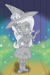 Size: 1000x1500 | Tagged: safe, artist:fuzzyfurvert, character:trixie, my little pony:equestria girls, cheek cutie mark, clothing, colored background, doll, equestria girls minis, female, hat, magic, monochrome, solo, stage, toy, trixie's hat