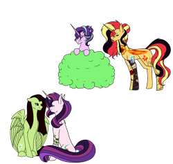 Size: 6200x5867 | Tagged: safe, artist:icey-wicey-1517, artist:moonlight0shadow0, edit, character:starlight glimmer, character:sunset shimmer, oc, oc:evening glitter, oc:white lilly, parent:applejack, parent:starlight glimmer, parent:strawberry sunrise, parent:sunset shimmer, parents:applerise, parents:shimmerglimmer, species:pegasus, species:pony, species:unicorn, icey-verse, ship:shimmerglimmer, alternate hairstyle, blind eye, bush, collaboration, color edit, colored, ear piercing, earring, evening lilly, eye scar, eyebrow piercing, eyeshadow, family, female, hiding, jewelry, lesbian, lip piercing, looking at each other, magical lesbian spawn, makeup, mare, mother and daughter, nose piercing, oc x oc, offspring, piercing, scar, shipping, simple background, sitting, snake bites, spying, tattoo, transparent background