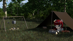 Size: 1536x864 | Tagged: safe, artist:dracagon, oc, oc only, oc:seranae, species:pony, 3d, book, bucket, camping, female, floral head wreath, flower, forest, glasses, grass, mare, picnic blanket, prone, solo, tent, tree