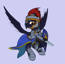 Size: 1232x1216 | Tagged: safe, artist:dipfanken, species:pony, armor, blade, byzantines, female, flying, freckles, helmet, hoof blades, mare, plate armor, shield, simple background, solo, wings