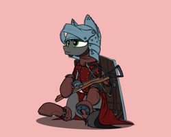Size: 1263x1008 | Tagged: safe, artist:dipfanken, species:earth pony, species:pony, armor, crossbow, helmet, horseshoes, shield, simple background, sitting