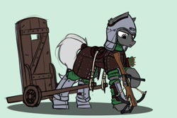 Size: 1649x1101 | Tagged: safe, artist:dipfanken, species:earth pony, species:pony, armor, crossbow, green background, helmet, leather armor, male, mantlet, shield, simple background, solo, stallion