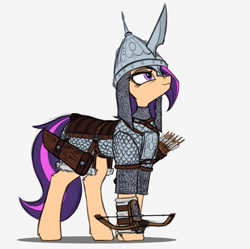 Size: 1169x1165 | Tagged: safe, artist:dipfanken, oc, oc only, oc:amethyst arkin, species:earth pony, species:pony, armor, arrow, bow (weapon), chainmail, crossbow, female, gray background, helmet, mare, quiver, scale armor, simple background, solo