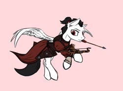 Size: 1308x970 | Tagged: safe, artist:dipfanken, species:pegasus, species:pony, armor, arrow, bow, crossbow, flying, male, mouth hold, ponytail, simple background, solo, stallion, wings