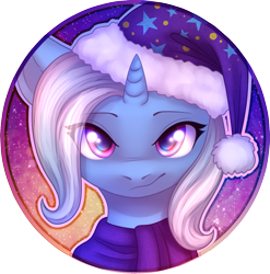 Size: 1433x1452 | Tagged: safe, artist:avrameow, character:trixie, species:pony, species:unicorn, clothing, commission, female, frown, hat, icon, looking at you, scarf, solo, ych example, your character here