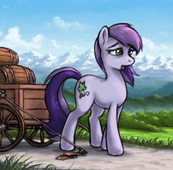 Size: 650x638 | Tagged: safe, artist:choedan-kal, oc, oc only, oc:cork dork, species:earth pony, species:pony, barrel, cart, female, mare, mountain, mountain range, scenery, solo, tired, tongue out