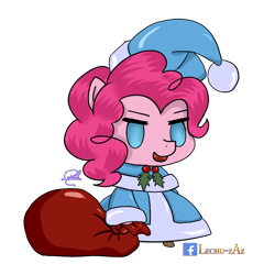 Size: 800x834 | Tagged: safe, artist:lechu-zaz, character:pinkie pie, species:anthro, christmas, clothing, coat, fate/grand order, female, hat, holiday, holly, padoru, sack, santa hat, simple background, solo, transparent background