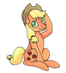 Size: 1702x1864 | Tagged: safe, artist:lechu-zaz, character:applejack, species:earth pony, species:pony, applejack's hat, clothing, cowboy hat, female, hat, looking up, simple background, sitting, solo, traditional art, transparent background
