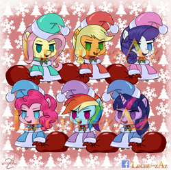 Size: 500x495 | Tagged: safe, artist:lechu-zaz, character:applejack, character:fluttershy, character:pinkie pie, character:rainbow dash, character:rarity, character:twilight sparkle, species:pony, christmas, christmas tree, fate/grand order, holiday, mane six, padoru, snow, tree