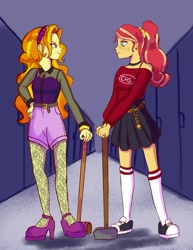 Size: 786x1017 | Tagged: safe, artist:pettypop, character:adagio dazzle, character:sunset shimmer, my little pony:equestria girls, alternate costumes, alternate hairstyle, converse, croquet mallet, female, freckles, hammer, shoes, sledgehammer