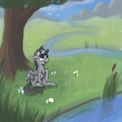 Size: 1724x1730 | Tagged: safe, artist:shaliwolf, oc, oc only, unnamed oc, species:pegasus, species:pony, chest fluff, floral head wreath, flower, grass, looking up, open mouth, outdoors, raised hoof, reed, river, sitting, smiling, solo, spread wings, three quarter view, tree, under the tree, wings