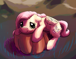 Size: 2507x1943 | Tagged: safe, artist:shaliwolf, character:fluttershy, species:pegasus, species:pony, cute, female, floppy ears, folded wings, leg fluff, looking at you, mare, prone, pumpkin, shyabetes, smiling, solo, three quarter view, wings