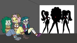 Size: 1203x664 | Tagged: safe, artist:bugssonicx, character:adagio dazzle, character:aria blaze, character:juniper montage, character:sonata dusk, character:vignette valencia, character:wallflower blush, my little pony:equestria girls, arm behind back, bondage, boots, bound and gagged, clothing, denim shorts, freckles, gag, glasses, glow, jeans, jewelry, miniskirt, pants, pendant, pigtails, rope, rope bondage, shadow, shoes, shorts, silhouette, skirt, socks, sweater, tape, tape gag, tied up, vignette valencia