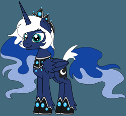Size: 1428x1312 | Tagged: safe, artist:rosefang16, character:princess luna, species:alicorn, species:pony, astralverse, blue background, crown, ear fluff, eyeshadow, female, hoof shoes, jewelry, leg fluff, makeup, mare, redesign, regalia, simple background, solo, wing fluff