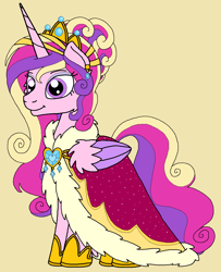 Size: 1068x1316 | Tagged: safe, artist:rosefang16, character:princess cadance, species:alicorn, species:pony, astralverse, alternate hairstyle, clothing, crown, ear piercing, earring, eyeshadow, female, hoof shoes, jewelry, makeup, mare, piercing, redesign, regalia, robe, simple background, solo, wing fluff, yellow background