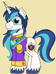 Size: 1048x1380 | Tagged: safe, artist:rosefang16, character:shining armor, species:pony, species:unicorn, astralverse, alternate hairstyle, beard, clothing, coat, ear fluff, facial hair, jewelry, male, regalia, shirt, simple background, solo, stallion, unshorn fetlocks, yellow background