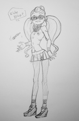 Size: 659x1003 | Tagged: safe, artist:dadss_rootbeer, character:sugarcoat, my little pony:equestria girls, drawing, female, grayscale, monochrome, solo, traditional art