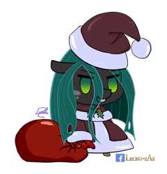 Size: 800x834 | Tagged: safe, artist:lechu-zaz, character:queen chrysalis, christmas, christmas changeling, clothing, costume, fate/grand order, hat, holiday, holly, padoru, png, santa costume, santa hat