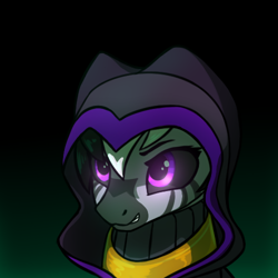 Size: 500x500 | Tagged: safe, artist:dipfanken, oc, oc only, oc:mchavi, species:pony, species:zebra, fallout equestria, boss battle, bust, evil, fanfic, fanfic art, female, game: fallout equestria: remains, gradient background, hood, mare, necromancer, pink eyes, portrait, solo, video game, video game boss