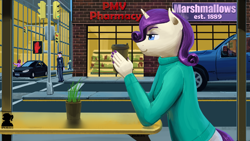 Size: 1920x1080 | Tagged: safe, artist:apocheck13, character:rarity, species:anthro, species:pony, species:unicorn, car, city, clothing, coffee, digital art, female, manehattan, mare