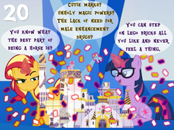 Size: 1024x768 | Tagged: safe, artist:a01421, artist:bronybyexception, character:pinkie pie, character:rainbow dash, character:sunset shimmer, character:twilight sparkle, character:twilight sparkle (scitwi), species:pony, species:unicorn, equestria girls:spring breakdown, g4, my little pony: equestria girls, my little pony:equestria girls, spoiler:eqg series (season 2), advent calendar, canterlot castle, christmas, equestria girls ponified, glasses, glowing horn, holiday, horn, lego, levitation, magic, telekinesis, unicorn sci-twi, unikitty, voice actor joke