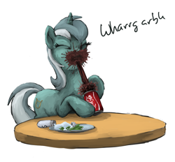Size: 840x780 | Tagged: safe, artist:choedan-kal, character:lyra heartstrings, species:pony, species:unicorn, can, clumsy, coke, drink, drinking, eyes closed, female, hoof hold, mare, messy, salad, salt, silly, silly pony, simple background, soda, solo, wharrgarbl, white background
