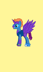 Size: 720x1202 | Tagged: safe, artist:calebtyink, oc, oc only, oc:clepsydra, species:alicorn, species:pony, alicorn oc, clothing, coat markings, freckles, glasses, male, pony creator, shoes, simple background, solo, spread wings, stallion, watch, wings, yellow background