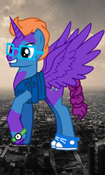 Size: 720x1202 | Tagged: safe, artist:calebtyink, edit, oc, oc only, oc:clepsydra, species:alicorn, species:pony, alicorn oc, city, cityscape, clothing, freckles, giant pony, glasses, irl, macro, macro/micro, male, photo, photo edit, pony creator, shoes, solo, spread wings, stallion, watch, wings