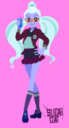 Size: 1199x2224 | Tagged: safe, artist:dadss_rootbeer, character:sugarcoat, my little pony:equestria girls, clothing, crystal prep academy uniform, drink, female, glass, glasses, hand on hip, kneesocks, legs, looking at you, pigtails, pink background, school uniform, simple background, smiling, socks, solo, twintails