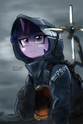 Size: 1377x2039 | Tagged: safe, artist:oberon826, character:twilight sparkle, species:pony, armor, clothing, cosplay, costume, crossover, death stranding, female, hood, mare, solo