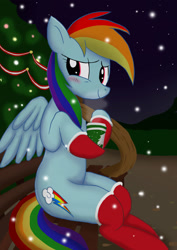 Size: 2142x3026 | Tagged: safe, artist:neoshrek, character:rainbow dash, bench, blushing, christmas, clothing, coffee cup, cup, holiday, looking at you, mittens, sitting, smiling, snow, socks