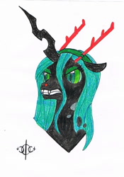 Size: 961x1371 | Tagged: safe, artist:assertiveshypony, character:queen chrysalis, species:changeling, species:pony, angry, antlers, bust, changeling queen, christmas changeling, drawing, female, portrait, reindeer antlers, rudolph the red nosed reindeer, simple background, solo, traditional art, white background
