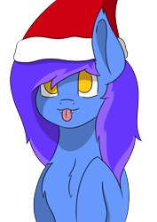 Size: 4961x7016 | Tagged: safe, artist:skylarpalette, oc, oc only, oc:skylar night, species:bat pony, bat pony oc, blep, christmas, clothing, colored, fluffy, hat, holiday, hooves to the chest, long mane, looking up, santa hat, shading, simple background, simple shading, tongue out
