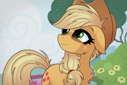 Size: 2000x1349 | Tagged: safe, artist:vale-bandicoot96, character:applejack, species:earth pony, species:pony, episode:applebuck season, g4, my little pony: friendship is magic, bags under eyes, chest fluff, clothing, cowboy hat, female, floppy ears, hat, mare, scene interpretation, smiling, solo, tired