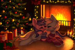 Size: 3500x2324 | Tagged: safe, artist:avrameow, character:sea swirl, oc, oc:eula phi, species:pony, species:unicorn, background pony, blushing, candle, canon x oc, clothing, eyes closed, female, fire, fireplace, hearth's warming, hearth's warming tree, holiday, lesbian, mare, present, shipping, sweater, tree