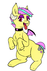 Size: 1000x1500 | Tagged: safe, artist:tacodeltaco, oc, oc:star shower, species:bat pony, species:pony, 2020 community collab, derpibooru community collaboration, cloven hooves, collar, female, simple background, solo, succubus, tongue out, transparent background