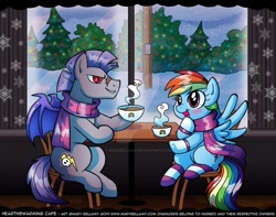 Size: 800x629 | Tagged: safe, artist:marybellamy, character:rainbow dash, oc, species:pony, chair, christmas, christmas lights, clothing, deviantart watermark, hearth's warming, holiday, obtrusive watermark, scarf, snow, tree, watermark, window, winter