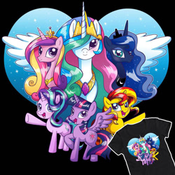 Size: 780x780 | Tagged: safe, artist:marybellamy, official, character:princess cadance, character:princess celestia, character:princess luna, character:starlight glimmer, character:sunset shimmer, character:twilight sparkle, character:twilight sparkle (alicorn), species:alicorn, species:pony, species:unicorn, by fans for fans, design, shirt design