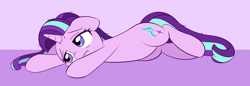 Size: 2911x1000 | Tagged: safe, artist:esfelt, character:starlight glimmer, species:pony, species:unicorn, :t, female, floppy ears, lidded eyes, lying down, mare, solo, tired