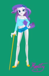 Size: 671x1026 | Tagged: safe, artist:dadss_rootbeer, character:rarity, my little pony:equestria girls, bedroom eyes, belly button, breasts, busty rarity, cleavage, clothing, female, green background, high heels, looking at you, midriff, shoes, short shirt, shorts, simple background, solo