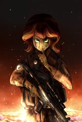 Size: 1377x2039 | Tagged: safe, artist:oberon826, character:sunset shimmer, my little pony:equestria girls, cliff unger, death stranding, female, fiery shimmer, gun, looking at you, solo, weapon
