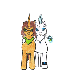 Size: 1417x1566 | Tagged: safe, artist:assertiveshypony, oc, oc:green scroll, oc:snowmoon, species:pony, species:unicorn, 2020 community collab, derpibooru community collaboration, clothing, hug, looking at you, magic, male, paper cup, scarf, simple background, transparent background