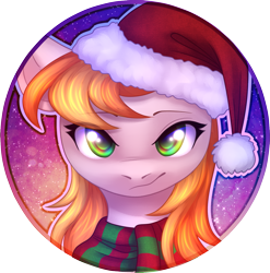 Size: 1433x1452 | Tagged: safe, artist:avrameow, character:copper top, species:earth pony, species:pony, alternate hairstyle, christmas, clothing, commission, hat, holiday, icon, santa hat, scarf, solo, ych result, your character here