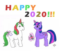 Size: 1280x1106 | Tagged: safe, artist:assertiveshypony, character:gusty, character:twilight sparkle, character:twilight sparkle (alicorn), species:alicorn, species:pony, species:unicorn, champagne, clothing, drawing, g1 meets g4, happy new year, hat, holiday, magic, mixed media, party hat, simple background, text, white background