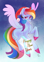 Size: 3000x4200 | Tagged: safe, artist:eeviart, character:rainbow dash, abstract background, christmas, clothing, female, flying, happy new year, hat, holiday, santa hat, signature, solo, spread wings, wings