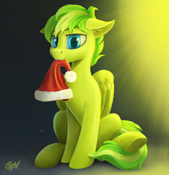 Size: 1000x1035 | Tagged: safe, artist:foxpit, oc, oc only, oc:lime zest, species:pegasus, species:pony, christmas, clothing, hat, holiday, looking at you, male, mouth hold, santa hat, sitting, solo