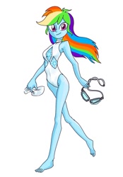 Size: 709x1021 | Tagged: safe, artist:dadss_rootbeer, character:rainbow dash, my little pony:equestria girls, clothing, cutie mark, female, implied rarity, looking at you, one-piece swimsuit, simple background, smiling, solo, swimsuit, white background